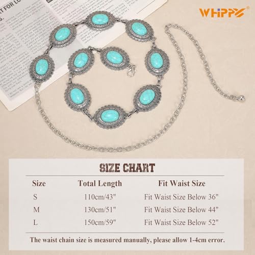 Image of WHIPPY Western Metal Concho Belt for Women Vintage Cowgirl Boho Turquoise Chain Belts for Dresses Jeans