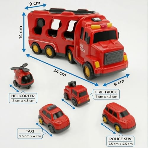 Image of Fire Truck Toy for Kids - 5 in 1 Emergency Rescue - Transport Carrier with Mini Fire Engine Cars, Lights & Sound - Educational Birthday Gift Vehicle for Boys & Girls Age 3+ Years - Red
