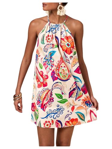 Image of SweatyRocks Women's Tropical Print Halter Dresses Sleeveless Holiday Summer Mini Dress