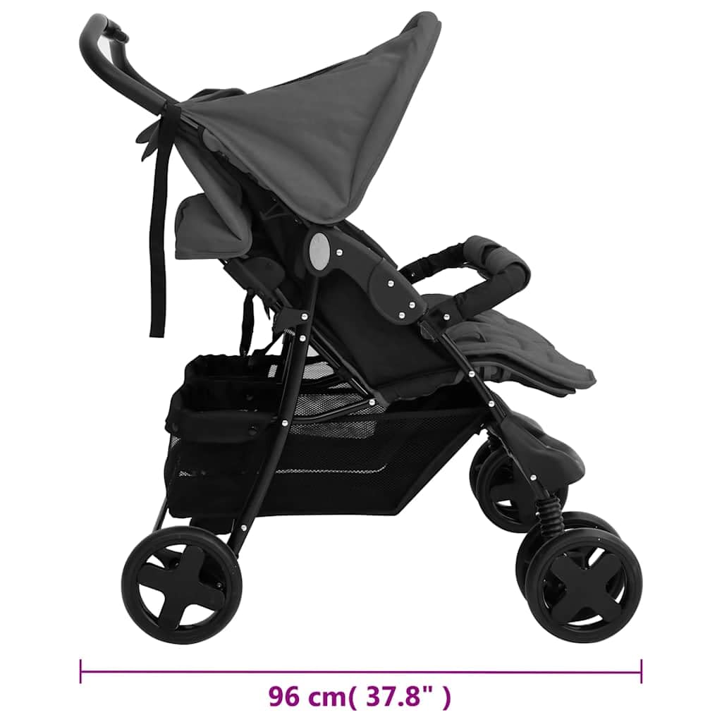 Cochecito gemelar gris oscuro de acero con función plegable, función reclinable, suspensión, toldo para recién nacidos y niños pequeños, compacto, ligero, manejable, ideal para exteriores y