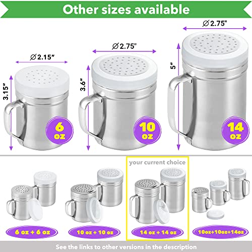 Cusinium Large Metal Salt Pepper Dredge Shakers - With Handle - Seasonings Spice Shakers With Holes And Lids - 14 Ounce, 2Pcs #TOP3