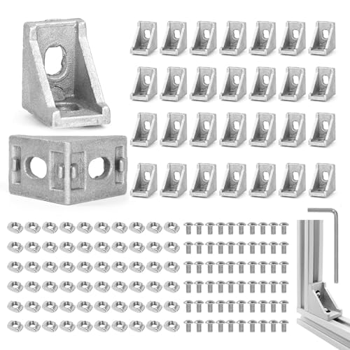GROFIS 30 Piezas Angulo Ranurado Aluminio, 28x28x20mm Soportes de Esquina con 60 Pernos 60 Nueces 1 llaves, 90° Soporte de Angulo Recto en Forma de L para Nut 6 20x20 Perfil de Extrusión de Aluminio