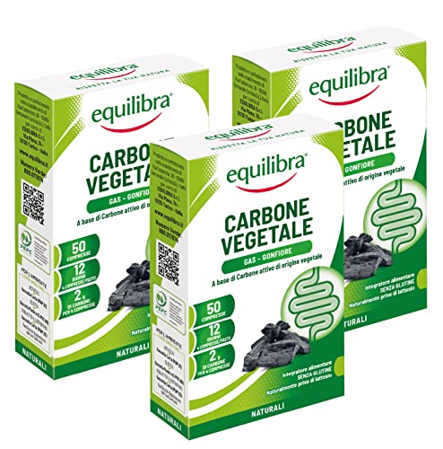 Equilibra Integratori Alimentari, Carbone Vegetale, Integratore a Base di Carbone Vegetale, Contribuisce alla Riduzione dell’Eccessiva Flatulenza Postprandiale, 3 pezzi da 50 compresse