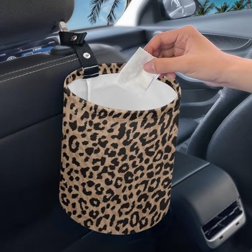 Image of Renewold Car Trash Can, Leopard Print Animal Fur Texture Car Trash Bag, Automotive Garbage Cans with Button Straps, Foldable Trash Bin, Organizer Bag for Storage Tissure Toys Snacks Drinks