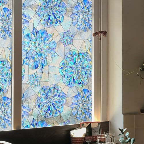 Vinilo para Ventanas Mandala Flor Azul Vinilo Cristal Anti Calor Protege del Sol, Fácil de Instalar Vinilos Adhesivos para Cristales para Puertas Cristal Bano Cocina 43x200 cm (1 Pcs)