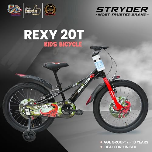 Image of Stryder Rexy 20T BMX Cycle for Kids (Unisex) - Steel Frame (9-Inch) | V-Brakes | Nylon Tires | Training Wheels | Sporty Design for Boys & Girls (Age Range: 7-13 Years) (Black)