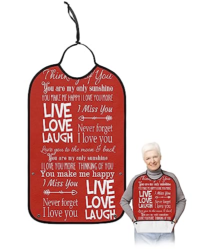 Red Backdrop Live Love Laugh Adult Bibs for Eating, Waterproof Bibs with Food Catcher & Adjustable Snap Closure, Friendship Love with Words Clothing Protectors Adult Bibs for Elderly Women/Men