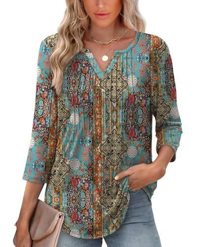 XIEERDUO Womens 3/4 Length Sleeve Boho Tops V Neck Blouses