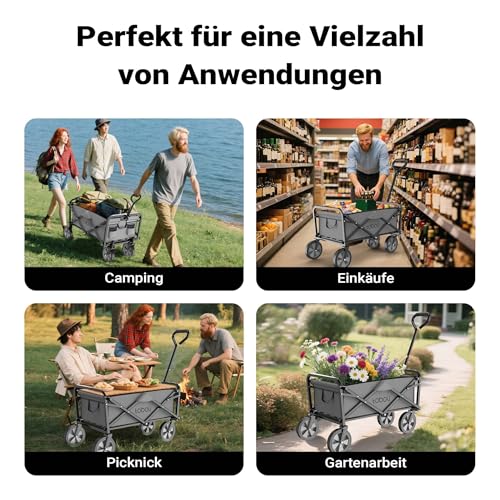 Toboli Bollerwagen faltbar Offroad grau, Faltbollerwagen belastbar bis 100 kg, Klappbollerwagen für Strand, Garten, Einkäufe