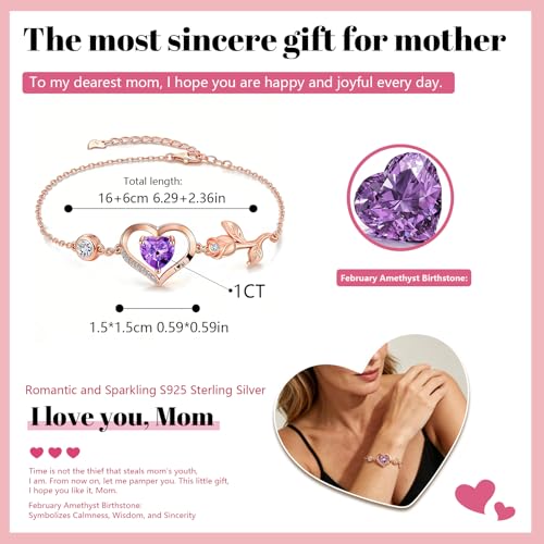 Image of 1CT Rose Heart Bracelet Moissanite Lab-Grown Sapphire Ruby Emerald&More 18K White Rose Gold Plated Anniversary Birthday Gift for Wife Girlfriend Mom Daughter Mothers Day Gift for Mom