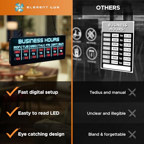 Image of Digital Business Hours Sign by ELEMENT LUX - Electronic Programmable Hours of Operation Signs for Business with Ultra Bright LEDs for Glass Door - Remote and Hanging Kit - 16in x 5.5in, Blue