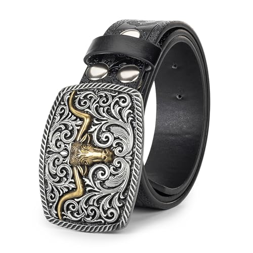Image of Western-Cowboy-Leather-Belts for Women Turquoise-Oval-Buckle Embossed Belt
