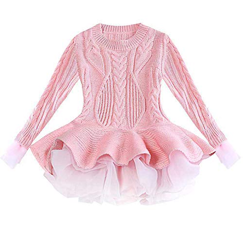 Toddler Girls Solid Color Sweater Dress Child Long Sleeve Cable Knitted Dress Layered Fall Winter Warm Dress (Pink, 2-3 Years)