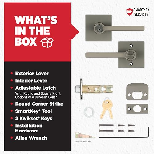 Image of Kwikset Halifax Entry Door Handle with Lock and Key, Square Secure Keyed Reversible Lever Exterior, Doorlock, for Front Entrance and Bedrooms, Gunmetal, Pick Resistant Smartkey Rekey Security