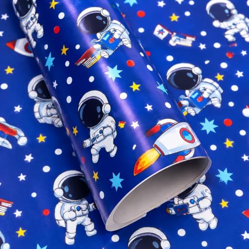 Sivayaa Kids Astronaut Gift Wrapping Paper – 19.5x 29.5 In | Space Theme Birthday Gift Wrap Sheets for Boys & Girls | Cute Rocket, Stars & Space Design | Premium Wrapping Sheet for Birthday, Return Gifts, Parties | Pack of 12 Pcs