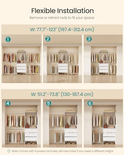 Image of SONGMICS closet system, customizable walk-in closet organizer system with adjustable hanging rods and drawers, white, fits spaces 6.5-10.2 ft URGR043WZ01S
