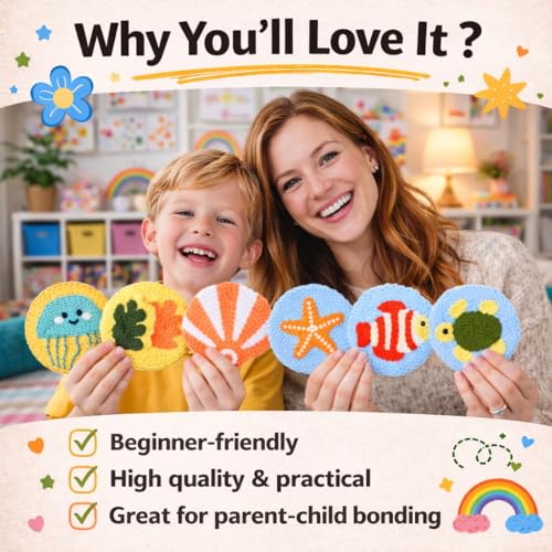 Image of Punch Needle Coaster Kit for Adults Beginners, Easy Punch Embroidery Starter Set with Instructions - Fun Mug Rug Making Kit for Table Decor & Festival DIY Gifts (6pcs Marine Life)