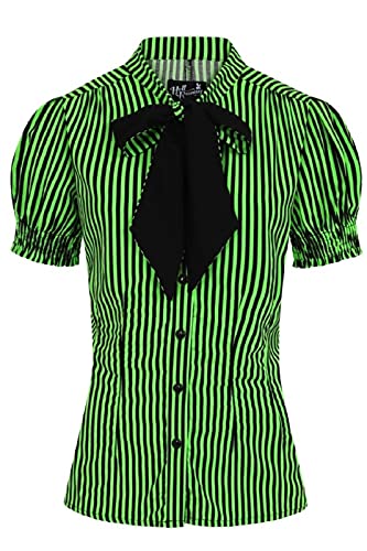 Hell Bunny Chemisier à Rayures de Style Gothique Punk Humbug avec Manches Courtes et Grand Nœud Lavallière - Verte (6XL)
