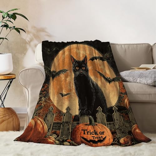 YeeJu Halloween Throw Blanket Pumpkin Black Cat Throw Blanket Pumpkin Cozy Soft Lightweight Fuzzy Plush Fleece Blankets and Throws Couch Sofa Bed Holiday Decorative Print Blanket 50x60