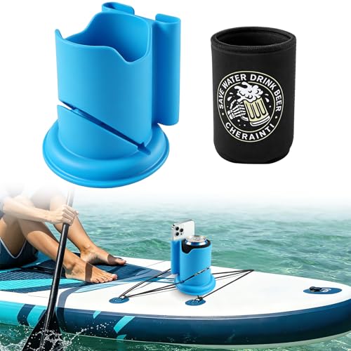 CHERAINTI Paddle Board Cup Holder No-Spill Paddle Board Cup Drink Holder with Can Cooler Sleeve Universal 2-in-1 Drink and Phone Holders Paddleboard Accessories for SUPs Boat Surfboard Canoes
