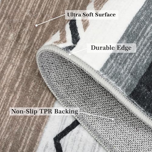 2x6 Washable Runner Rugs for Living Room, Tribal Geometric Distressed Vintage Area Rug for Bedroom Patchwork Office Carpet, Soft Low Pile Neutral Rug Non Slip, Grey