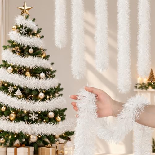 Poen 100 ft Christmas Tinsel Garland, White Christmas Tree Decorations
