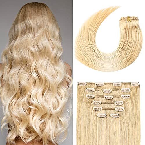 Clip in Hair Extensions 70G Bleach Blonde 100% Remy Human Hair Soft Silky Straight for Fashion Women 7pcs 16clips One Pack (15 Inch #613)