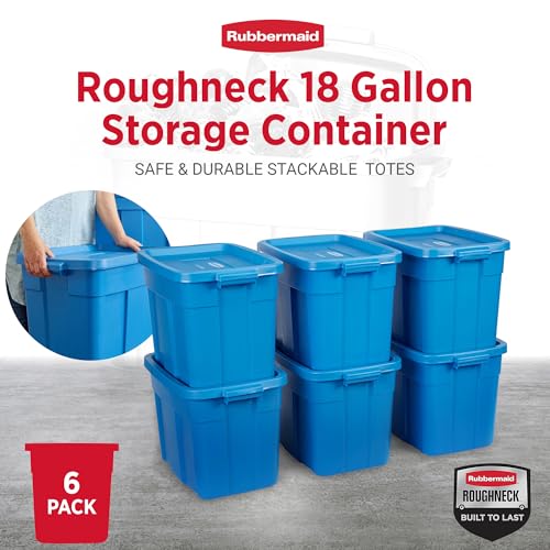 Image of Rubbermaid Roughneck Tote 18 Gal, 6 Pack, Made in USA, Heritage Blue, Rugged Plastic Stackable Storage Bins with Lids and Handles