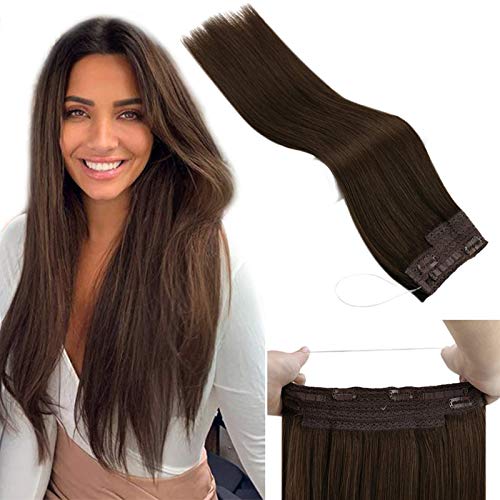 JoYoung Dark Brown Halo Hair Extensions Remy Human Hair Hidden Crown Halo Extensions Human Hair Dark Brown Wire Halo Hair Extensions 80gram 14inch