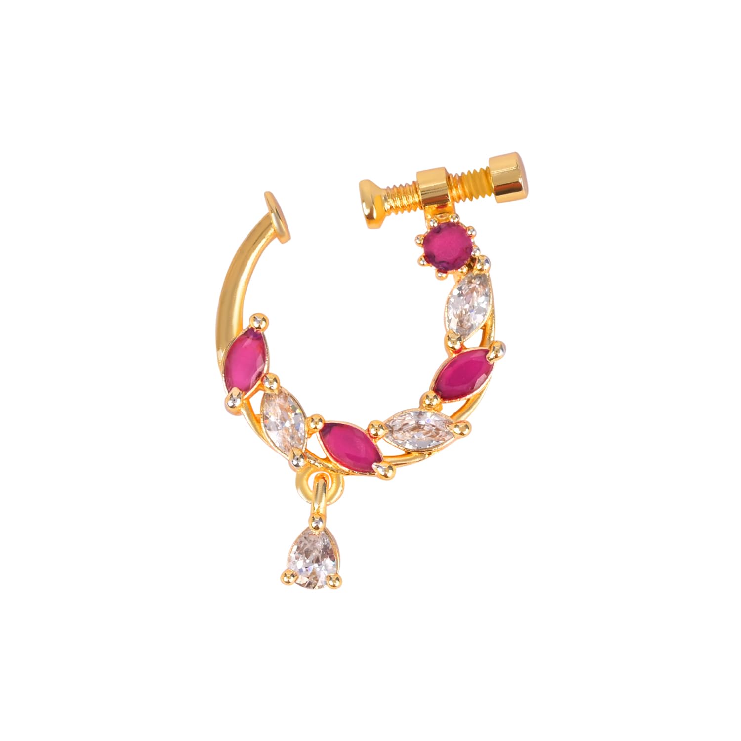 Gold Plated Traditional Ethnic Nose Ring/Nath Without Piercing Encased with Stones for Women (NL188Q)