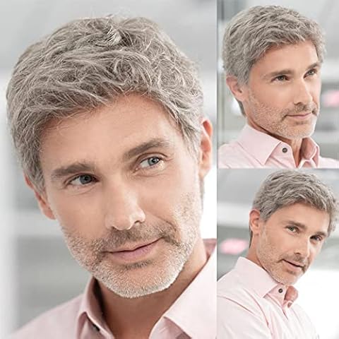 Mens Wigs Short Grey Layered Wig Syntheric Replacement Cosplay Costume Party Daily Wear Hair Wig with Cap Cover