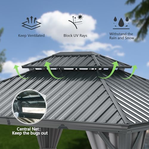 Domi-12×14-Hardtop-Gazebo-CanopyOutdoor-Aluminum-Gazebo-with-Galvanized-Steel-Double-RoofPermanent-Gazebo-with-Drainage-SystemCurtain-and-Netting-IncludedGrey Domi 12×14 Hardtop Gazebo CanopyOutdoor Aluminum Gazebo with Galvanized Steel Double RoofPermanent Gazebo with Drainage SystemCurtain and Netting IncludedGrey