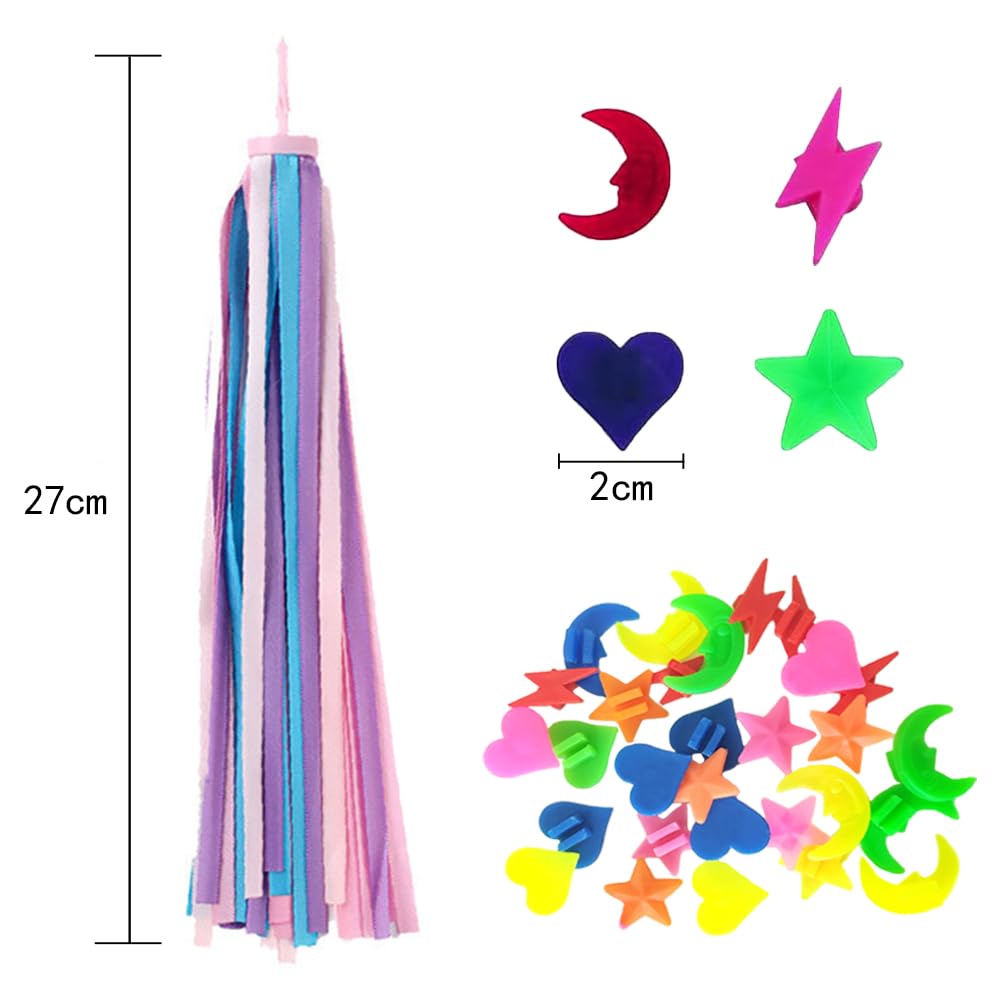 2 Paires de Vélo Tassels et 36 Perles de Rayons, Accessoires de Vélo pour Filles Perles de Clip de Vélo Rubans à Pompons Colorés Banderoles de Guidon de Vélo + Perles de Rayons