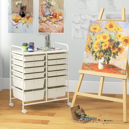 Image of LDAILY 12 Drawer Rolling Storage Cart, Craft Cart Organizer on Wheels w /Metal Frame, Large Capacity & Smooth Drawer, Rolling Cart w /Drawers for Classroom, Office