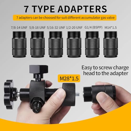 Image of Hydraulic Nitrogen Accumulator Charging Kit with 3 Pressure Test Gauges & 7 Adapters (M28*1.5, UNF 5 /8, UNF 1 /2 etc), Metric Accumulator Nitrogen Charge Kit Filling System Fill Gas Tool