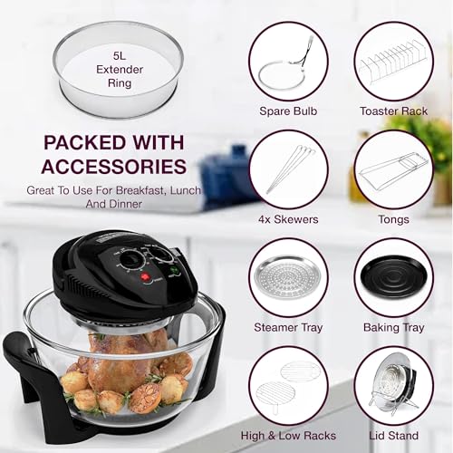 Andrew James Halogen Oven Cooker 12l – 17l 1400W | Glass Air Fryer with Turbo Wash and Included Accessories | Halogen Oven Cooker with Extender Ring & Replacement bulb (BLACK) - Image 4
