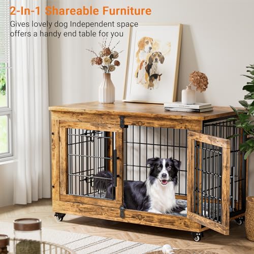 image for Lulive Dog Crate Furniture, Dog Kennel Indoor Double Doors Wooden Dog 