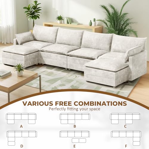 Image of LEVELEVE 147 inch U-Shape Modular Sofa with 2 Ottomans, Deep Seat Cloud Convertible Sleeper, 2 Arm Pillows, Comfortable Large Upholstered Furniture for Living Room Apartment, Beige