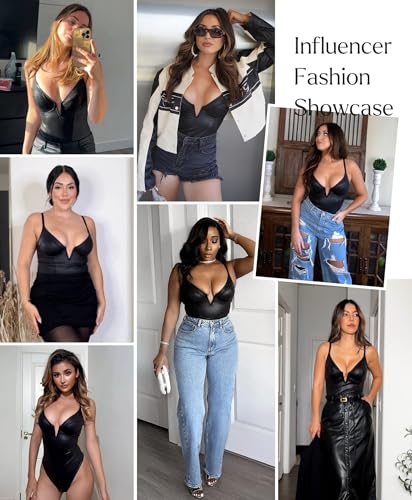 Popilush Body Suits for Womens Tummy Control - Faux Leather Bodysuit Deep V Neck Thong Sleeveless Corset Tank Top2