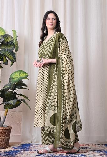 Image of MEERA FAB Women's Cotton Straight Kurta Set, Floral Print with Yoke, with Dupatta and Pants