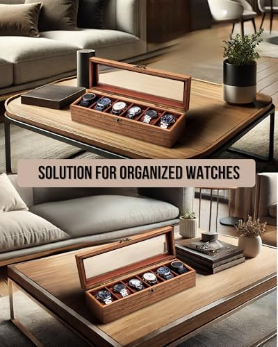Image of Watch Box for Men and Women - Large Glass Lid, Wooden Display Storage Case With 6 Slots, Retro Burlywood Organizer