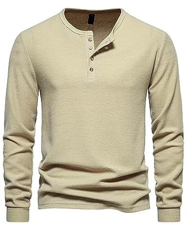 MakingDa Koszulka Waffle Henley Męska z Długim Rękawem Slim Fit Z Klapką Dziadka Guzikowe T-Shirty Topy, Khaki, S