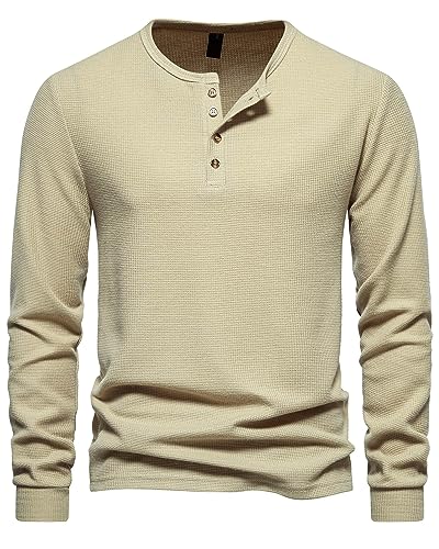 MakingDa Henley T Shirt Mens Long Sleeve Slim Fit Waffle Grandad Collar 4 Button Jumper Tops Smart Casual Collarless Shirts-Khaki-S
