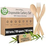 Jenvita 100% Bamboo Cutlery Set - 500 Biodegradable Utensils (300 Forks, 100 Knives, 100 Spoons) - Reusable or Disposable Bamboo Flatware | Compostable FSC Certified Utensils for Weddings & Parties
