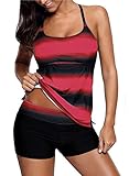 Sixyotie Damen Mehrfarbig Tankini mit Oberteile und Badeshorts Badeanzug Beachwear Zweiteiler Bademode mit Bügeln UV Schutz (Rot, EU 42 (2XL))