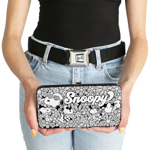 Buckle-Down Peanuts Wallet, Hinged, Snoopy Poses and Daisy Flowers Collage Black Grays White, Vegan Leather3