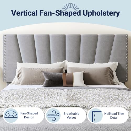 Image of Allewie King Size Velvet Platform Bed Frame with Adjustable Headboard, Grey | Height-Adjustable Velvet Headboard, Rivet-Style Nailhead Trim, Wooden Slat Support, No Box Spring Needed, Easy Assembly