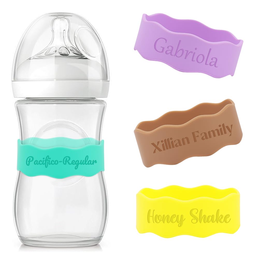 Personalised Silicone Name Labels for Baby Bottle,Laser Engraving Name Stickers for Water Bottles,Water Bottle Identification Bands for Daycare Reusable (3PCS)