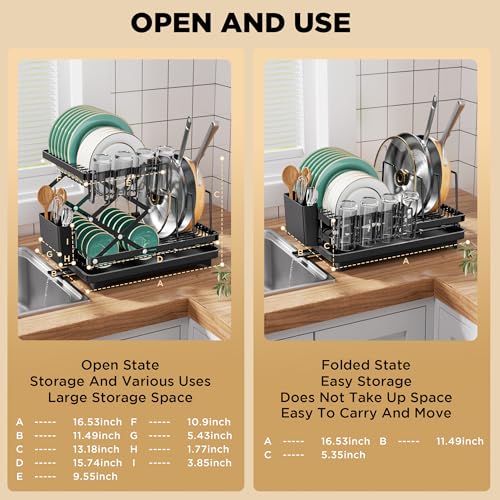 Image of 2 Tier Dish Drying Rack, Expandable Dish Racks for Kitchen Counter, Space Saving Collapsible Dish Drying Rack, Multi Function Dish Rack, with Drainage Board, Utensil Rack, Cup Rack and Pot Racks