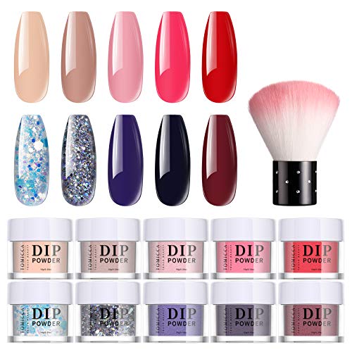 TOMICCA 10 kleuren Dip Powder Nail Starter Kit, 10 g Naakt Roze Rood Blauw en Glitter Dompelen Poeder Nail Kit, Dip Poeder voor vingernagels